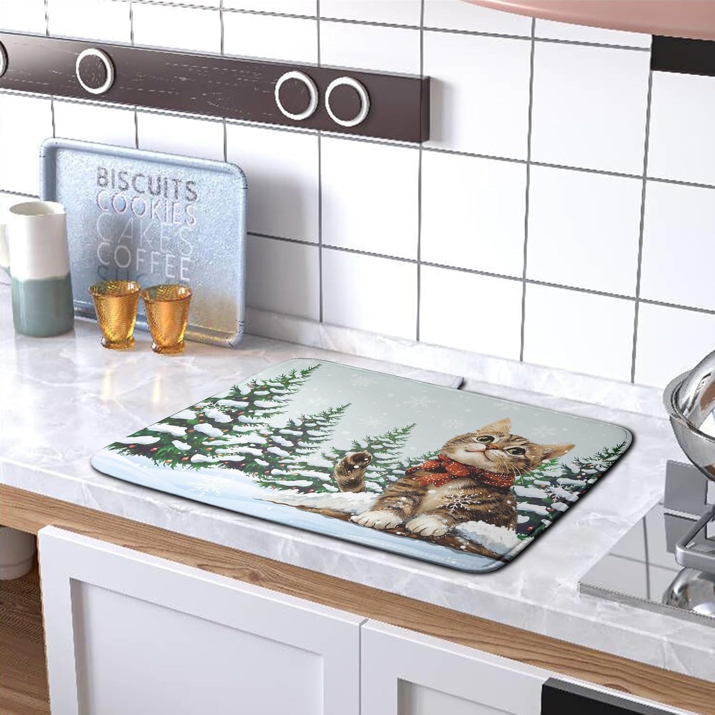 Winter Cat Dish Drying Mat for Kitchen Counter 18x24 Inch Cute Kitty Snow Pine Tree Dishes Drying Mats Large Microfiber Absorbent Dish Rack Pad Fast Dry Dish Mat for Coffee Bar Sinks Home Accessories