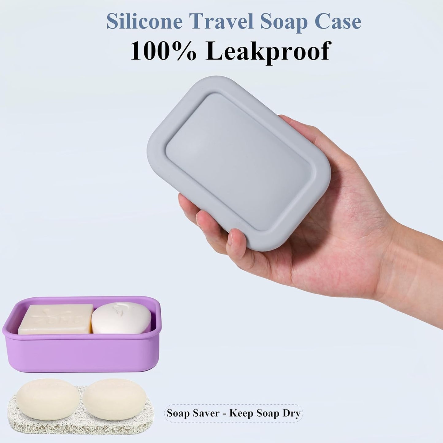 MtBoi 2PC Portable Leakproof Travel Soap Case, Silicone Soap Container, Compact Travel Holder with Drainage Layer, Camping, Gym, Outdoor Lavender&Gray