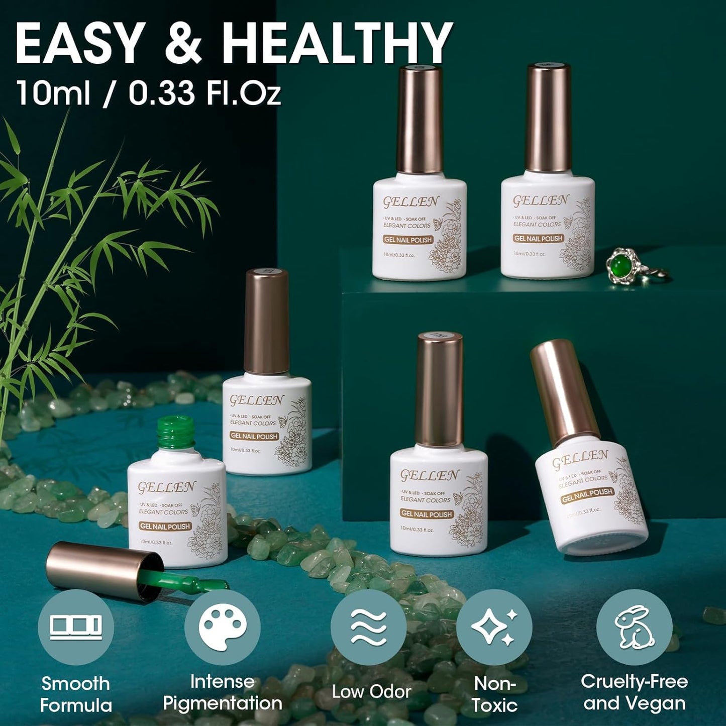 GELLEN Green Jelly Gel Nail Polish, Sheer Emerald Jade Glass Ice UV Light Gel Polish, Transparent, No Wipe, Soak Off, for Women Girls Manicure Salon Home