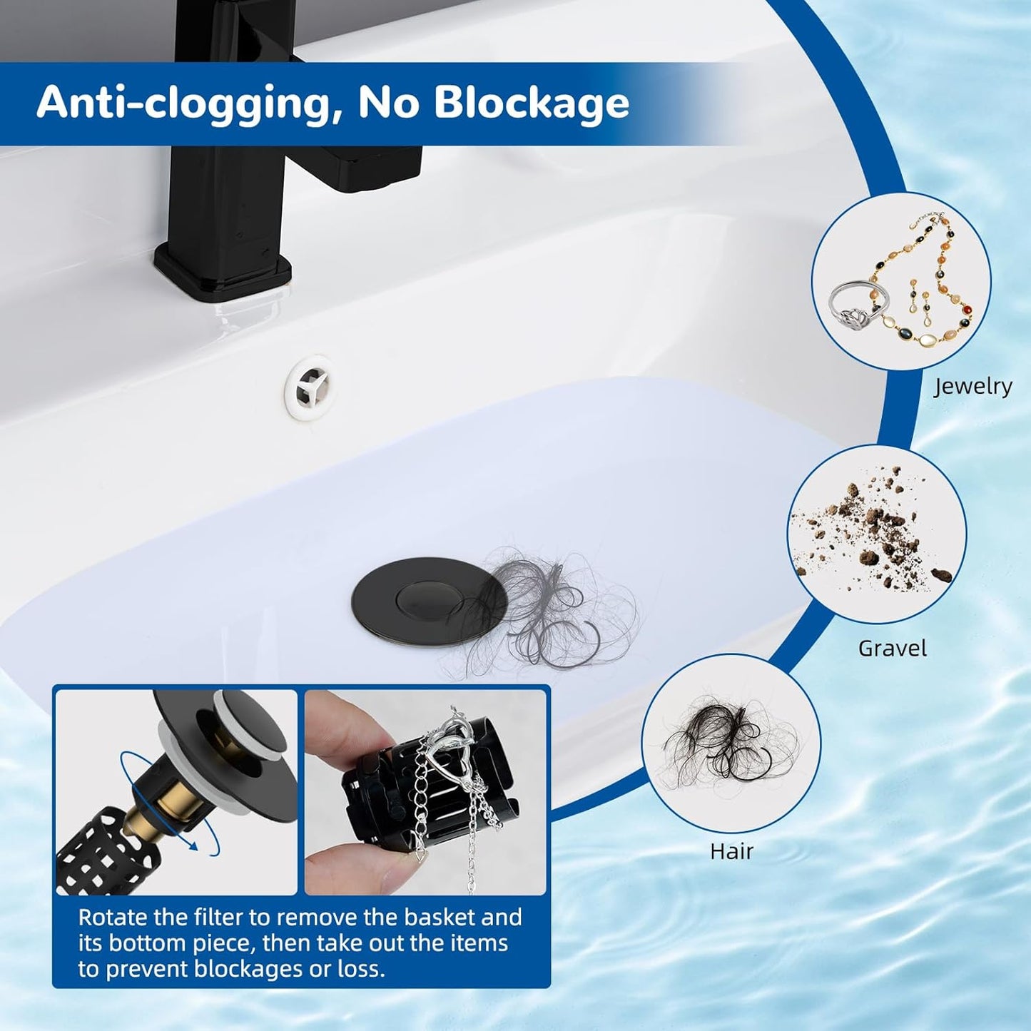 Hibbent Upgraded 3 in 1 Bathroom Sink Drain Strainer, Universal Pop Up Stopper, Removable Stainless Steel Filter Basket Hair Catcher, Sink Plug for 1.1''~2.36'' Basin, Brass Bullet Core, Matte Black