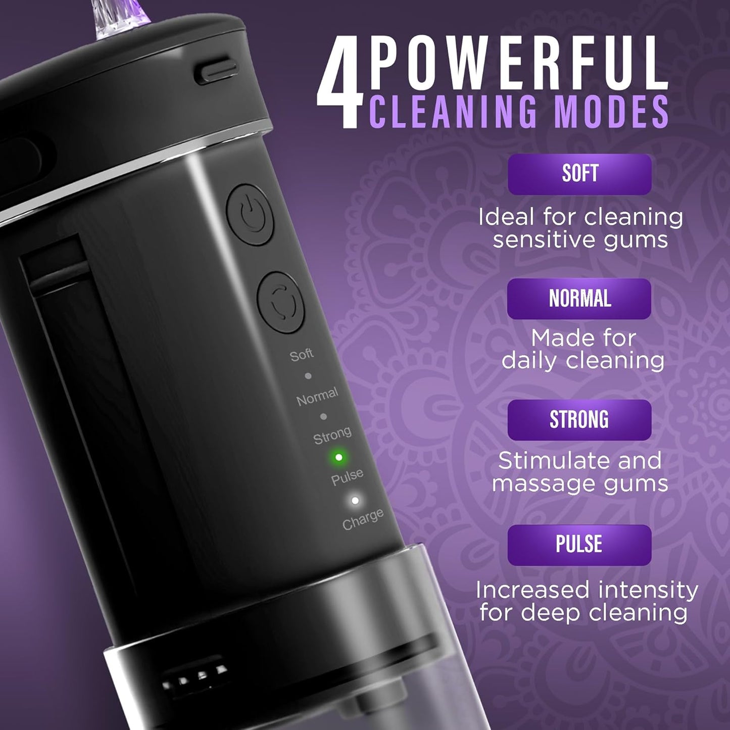 GuruNanda Compact Water Dental Flosser, Portable Travel Size Oral Irrigator Flosser with Collapsible 180 ml Tank, Smart Timer, 4 Flossing Modes, TSA-Approved - Black