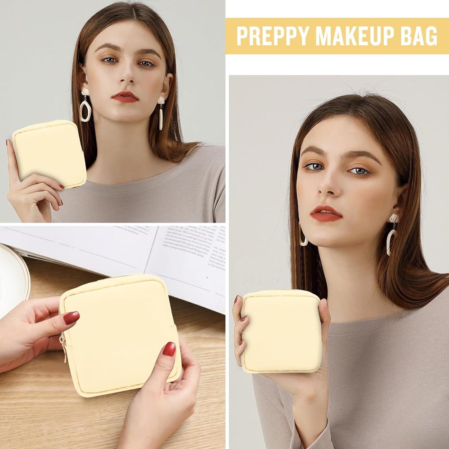 Nylon Mini Makeup Bag for Purse, Preppy Small Cute Makeup Bag Cosmetic Zipper Pouch Purse, Waterproof Travel Coin Pouch Sanitary Napkin Storage Bag Clutch Makeup Organizer for Women Men Girls(Beige)