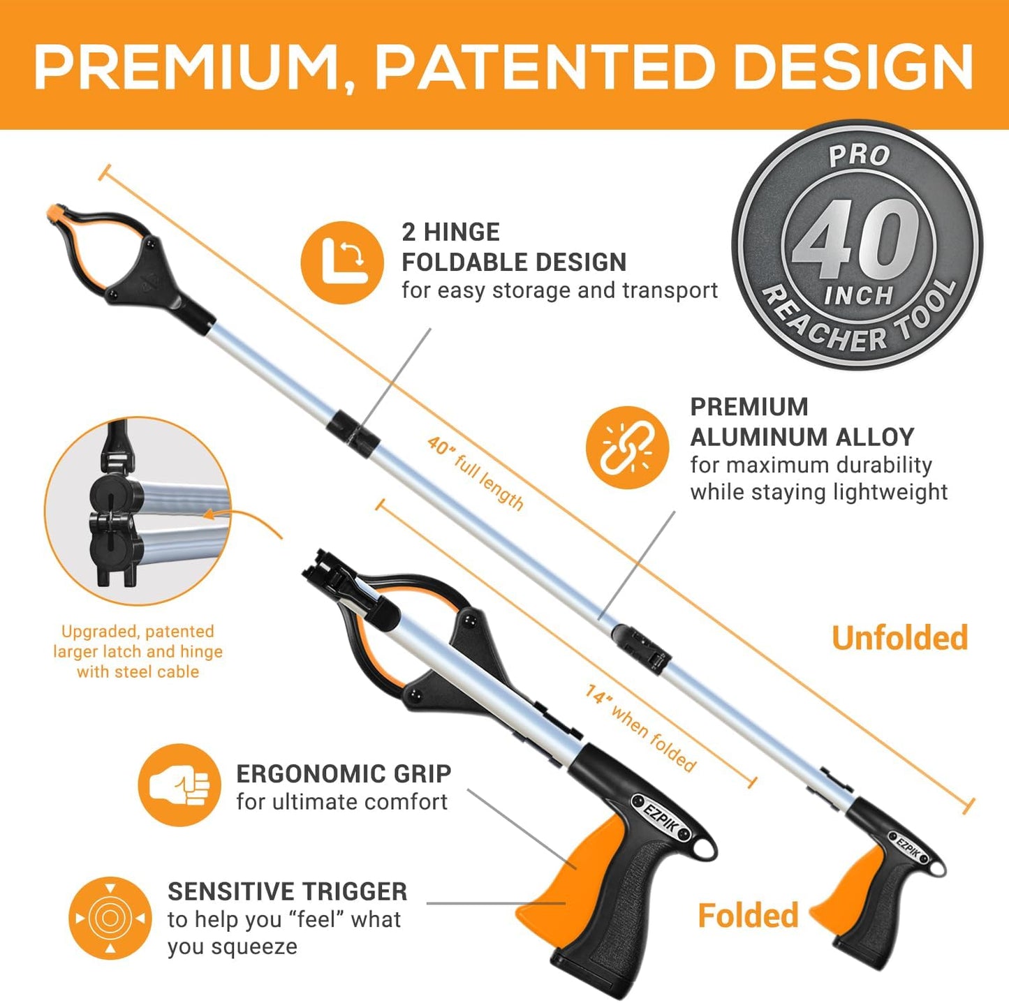 EZPIK Pro 40" Extended Grabber Reacher Tool for Elderly, Trash Hand Grabber Pickup Sticks for Seniors, Telescoping Extension Gripper Claw Pickup Tool, Hand Extension Magnetic Folding Tongs