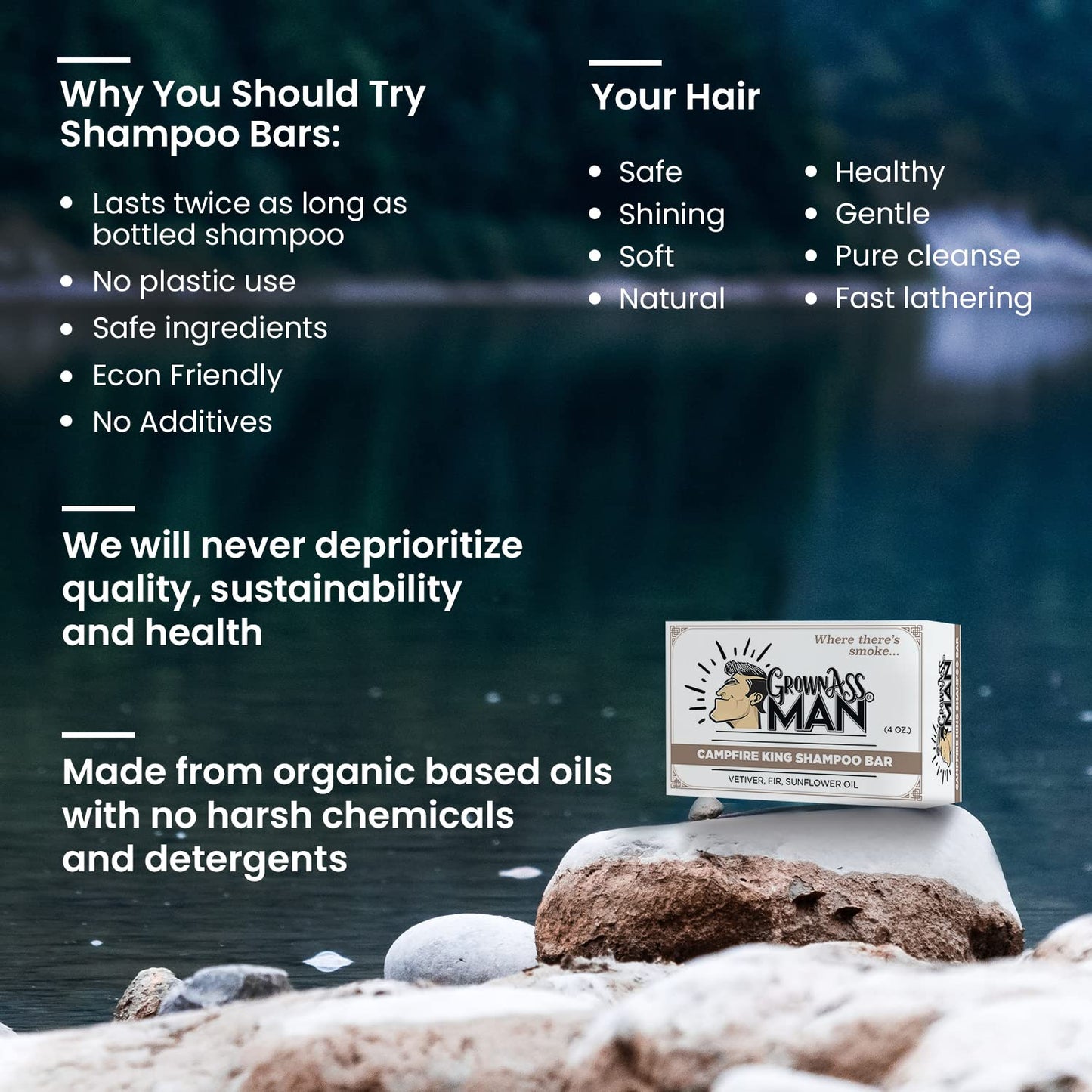 Grown Ass Man Co. - Solid Shampoo Bar Rich Lather 3 in 1: Hair, Beard & Body Wash - Plastic Free & Eco-Friendly, Natural & Organic Clean for All Hair Types, 4oz Bar (Campfire King, 6-Pack)