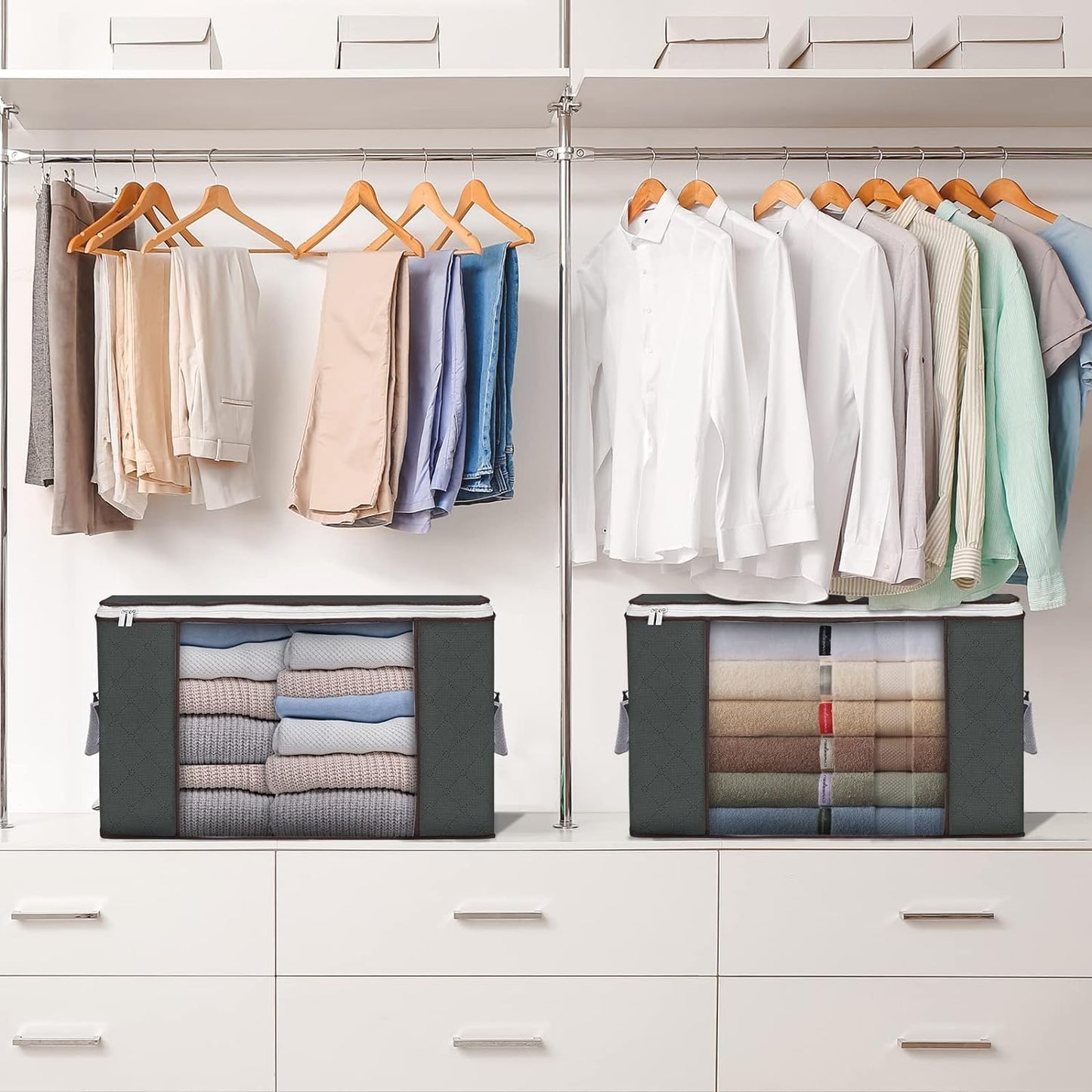 Large Storage Bags, 3 Pack Clothes Storage Bins Foldable Closet Organizers Storage Containers with Durable Handles Thick Fabric for Blanket Comforter Clothing Bedding 90 L (Gray)