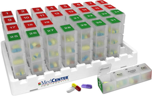 Monthly Pill Organizer 4 Times a Day, 31-Day Medication Organizer for Drawer or Lock Box with 31 Pill Boxes and 4 Daily Compartments Gift for Mom, Dad, Elderly, and Seniors