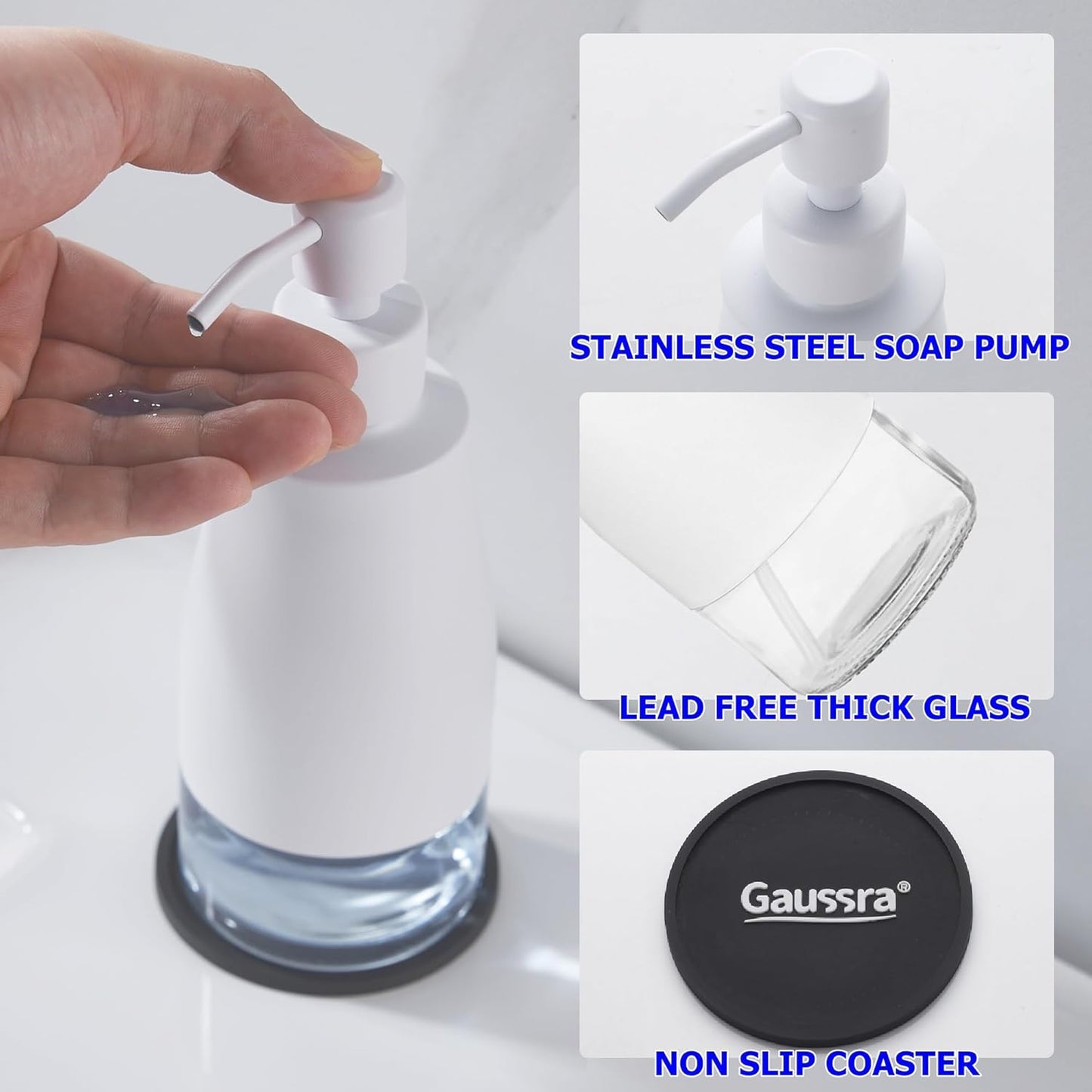Gaussra White Soap Dispenser with Coaster and Stickers, Stainless Steel and Glass Bottle Hand Pump Dispenser, Refillable Liquid Hand Soap Dispenser for Bathroom & Kitchen (11OZ / 320ML)