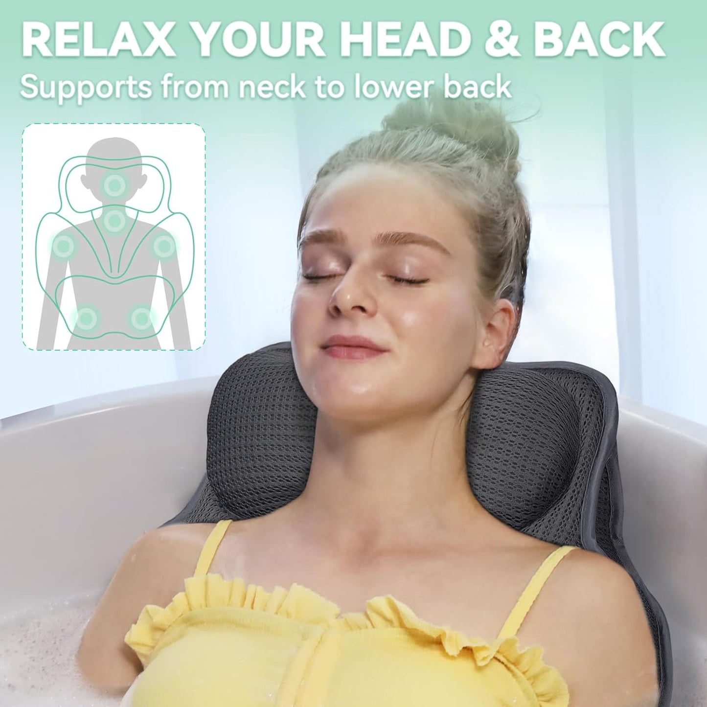 Bath Pillows for Tub - Luxury Bathtub Pillow Neck, Head, Back Support, Soft 4D Mesh Fabric and Non-Slip Suction Cups & Quick Dry, Comfort Fits All Tubs, Relaxation Spa Gift, Grey