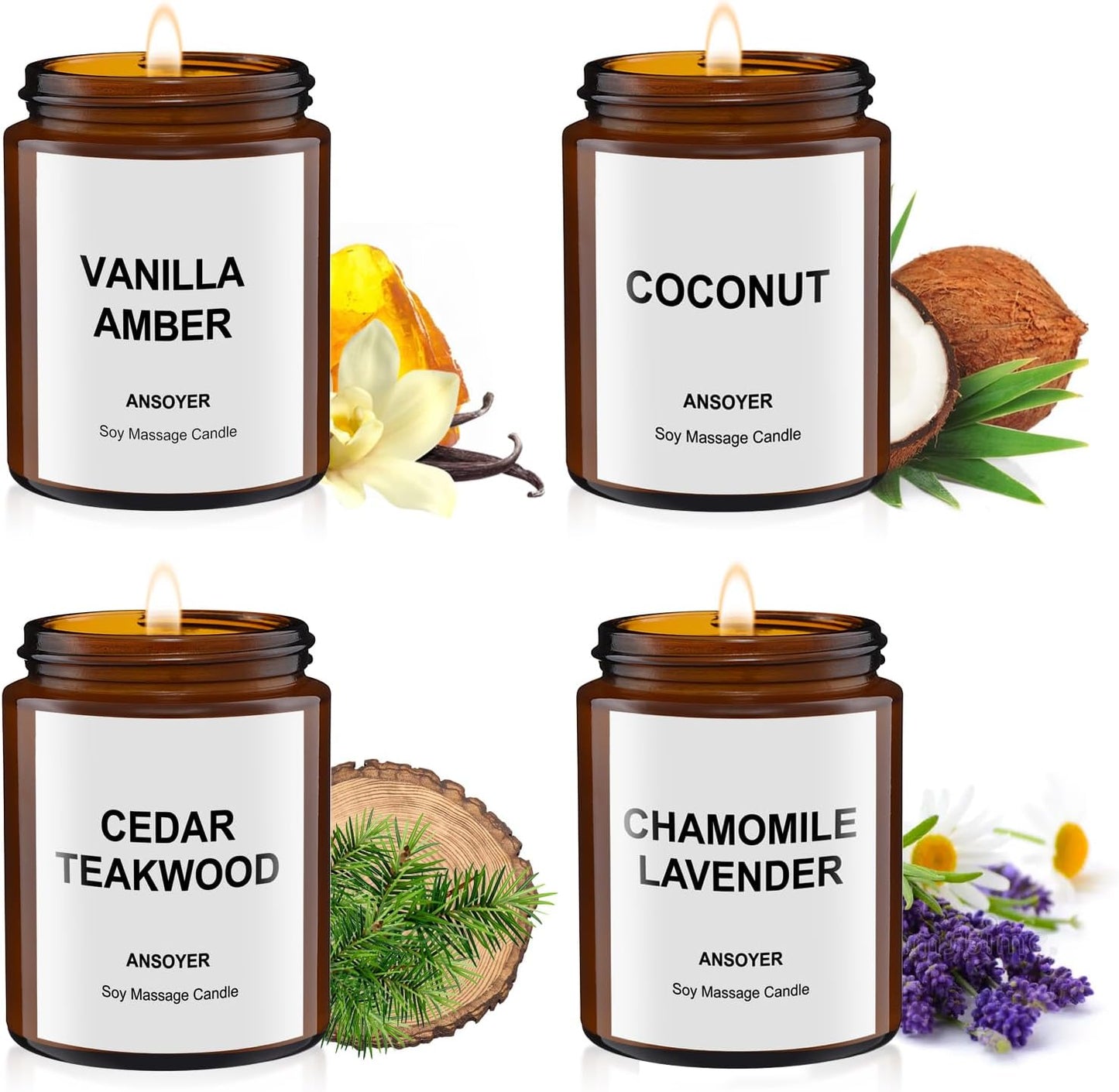4PCS Massage Candles for Massage Therapy -Soy +Hemp Seed Oil, Body Oil Lotion Candle- Gift Set-18.08OZ (Vanilla Amber, Coconut, Cedar Teakwood, Chamomile Lavender)