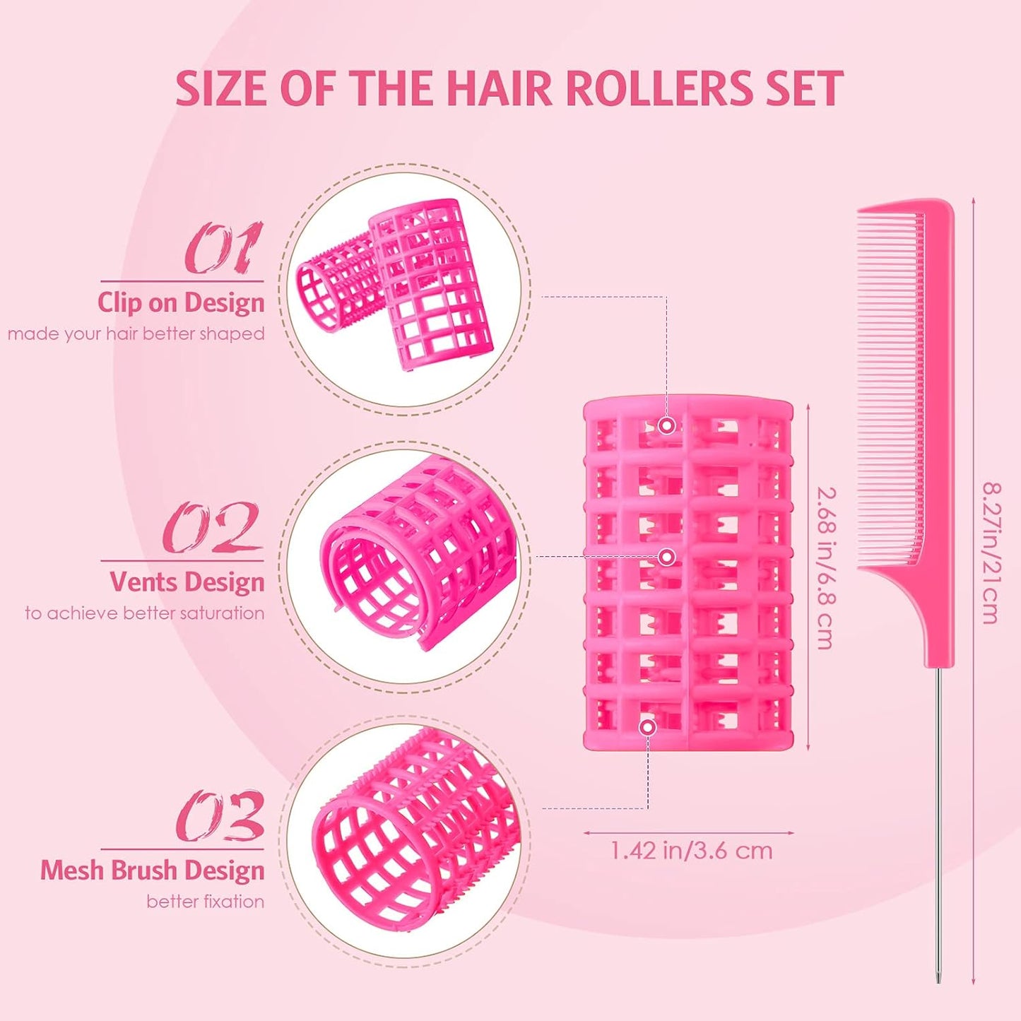 Syhood 12 Pcs Plastic Hair Rollers for Women Large Size Curlers Set Snap Roller Clips with Rat Tail Comb for Long Medium Short Hair Bangs, Salon Hairdressing Styling Tool(2.6 x 1.4 Inch,Pink)