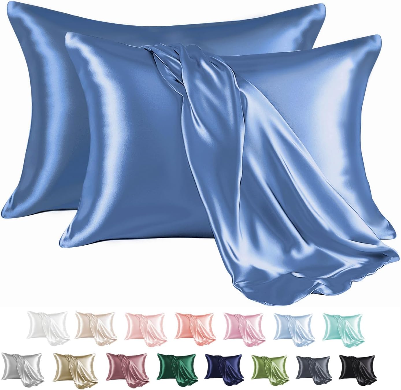 MR&HM Satin Pillowcase for Hair and Skin, Silk Satin Pillowcase 2 Pack, Standard Size Pillow Cases Set of 2, Silky Pillow Cover with Envelope Closure (20x26, Sky Blue)
