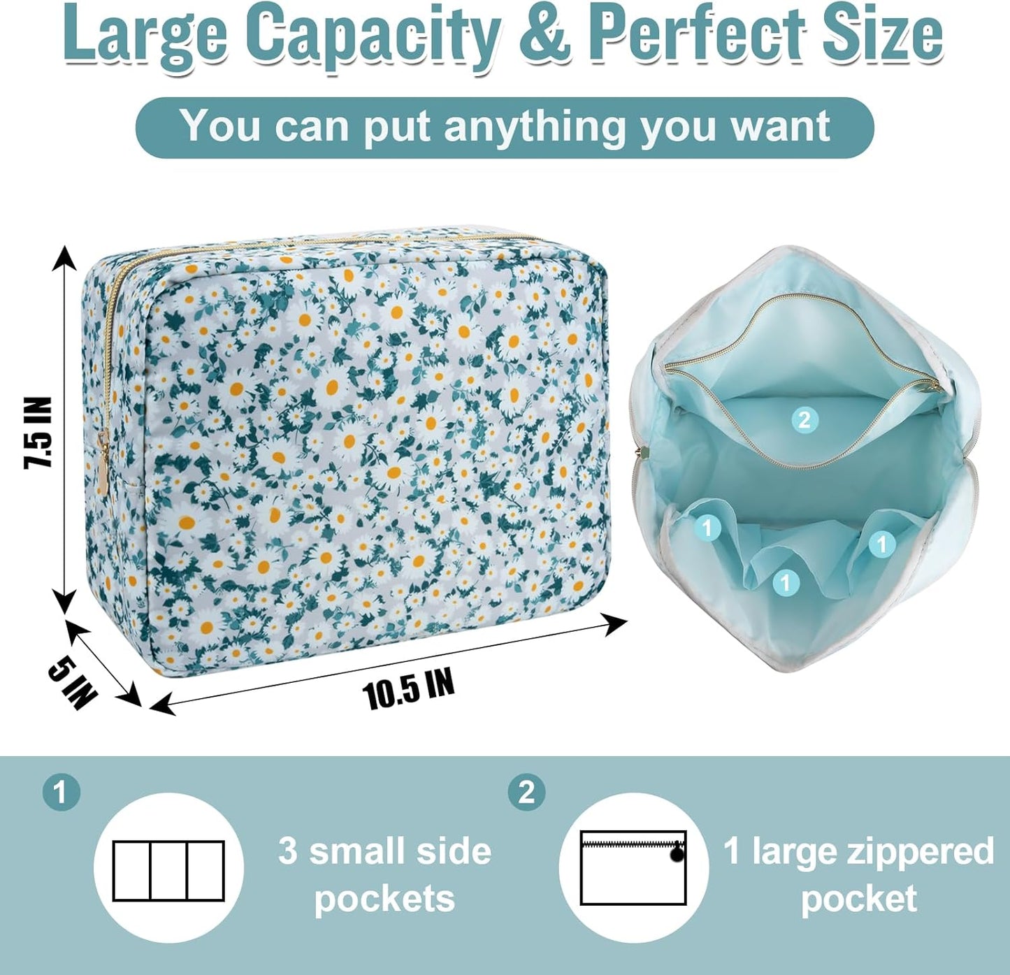 Nylon Large Floral Makeup Organizer Bag, Preppy Big Cute Flower Cosmetic Zipper Pouch Multi-compartment with Dividers, Waterproof Toiletry Makeup Brushes Bag Travel Essentials for Women(Green-Daisy)