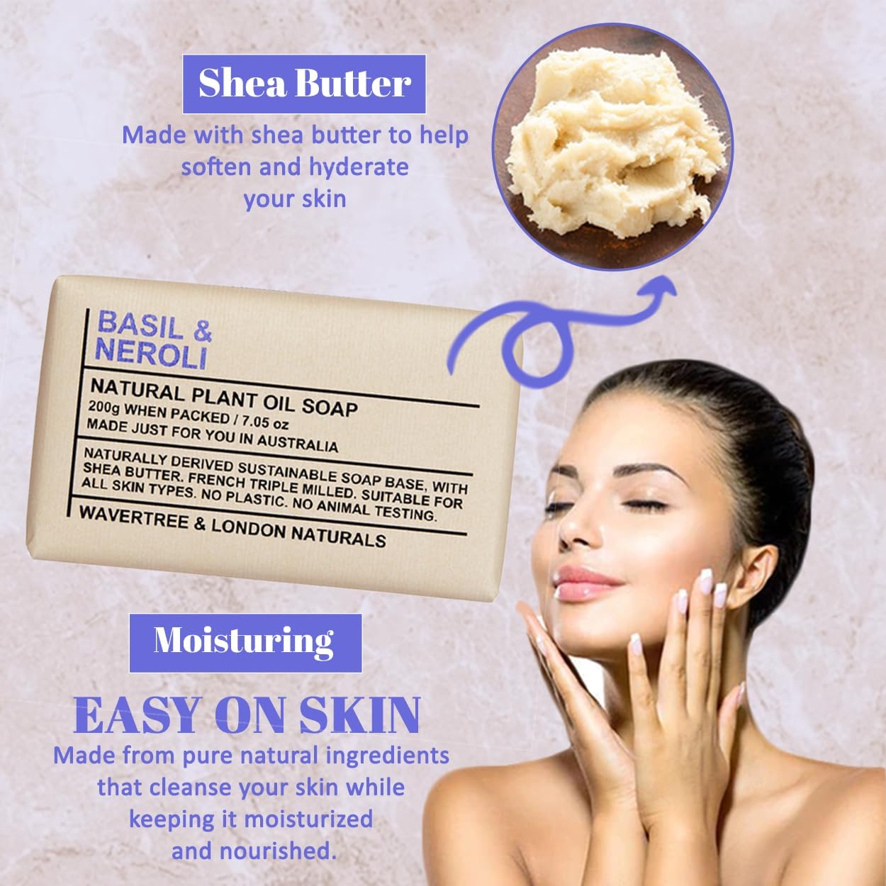 Wavertree & London Basil & Neroli Scented 100% Natural Soap Bar, 7oz Moisturizing French Triple Milled Soap Bar for Women & Men enriched with shea butter - Pure Bath & Body soap bar for All Skin Types