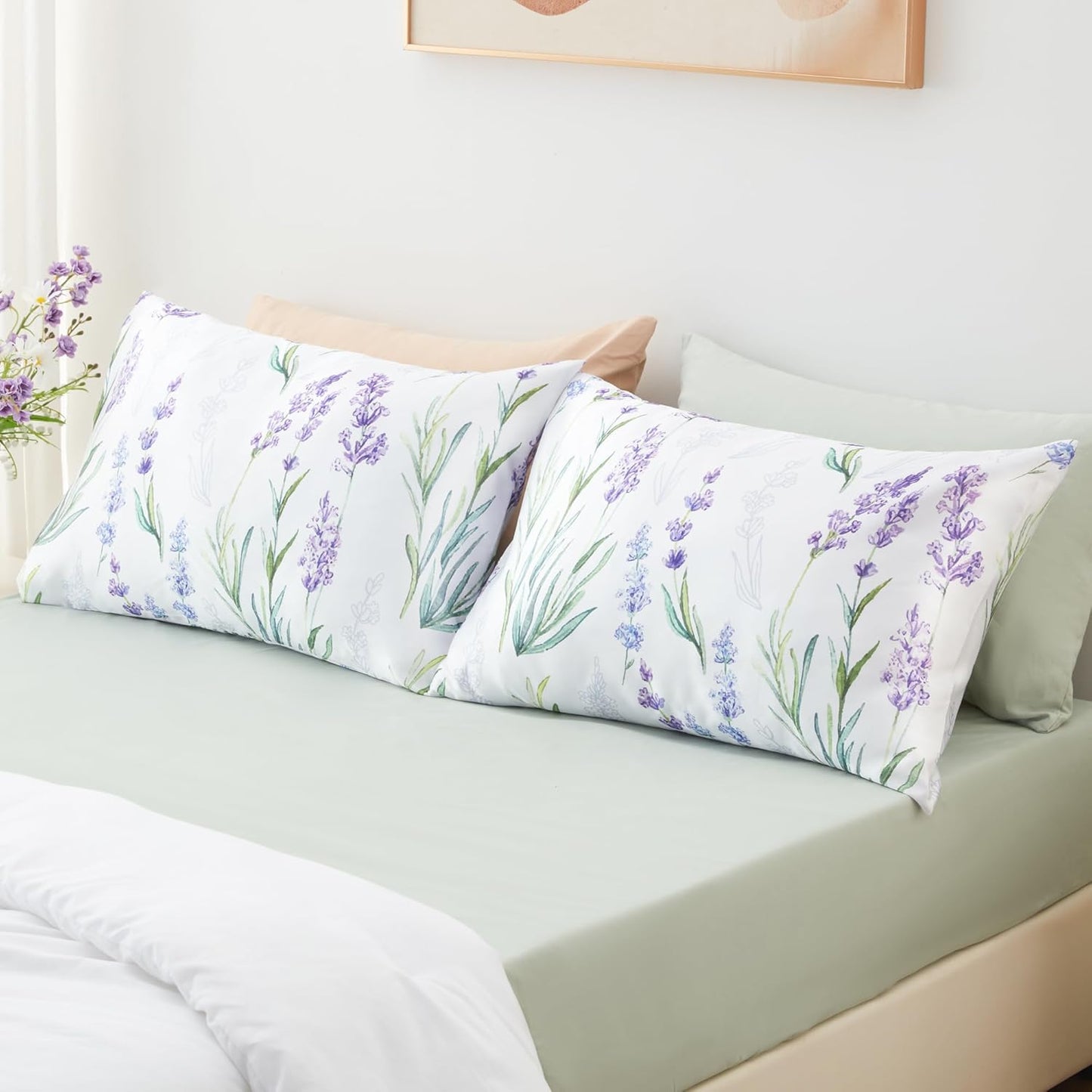 EXQ Home Satin Pillowcase for Hair and Skin King - Flower Printed Lavender Silk Pillowcase 2 Pack 20x40 inches - Satin Pillow Cases Set of 2 with Envelope Closure, Gifts for Women