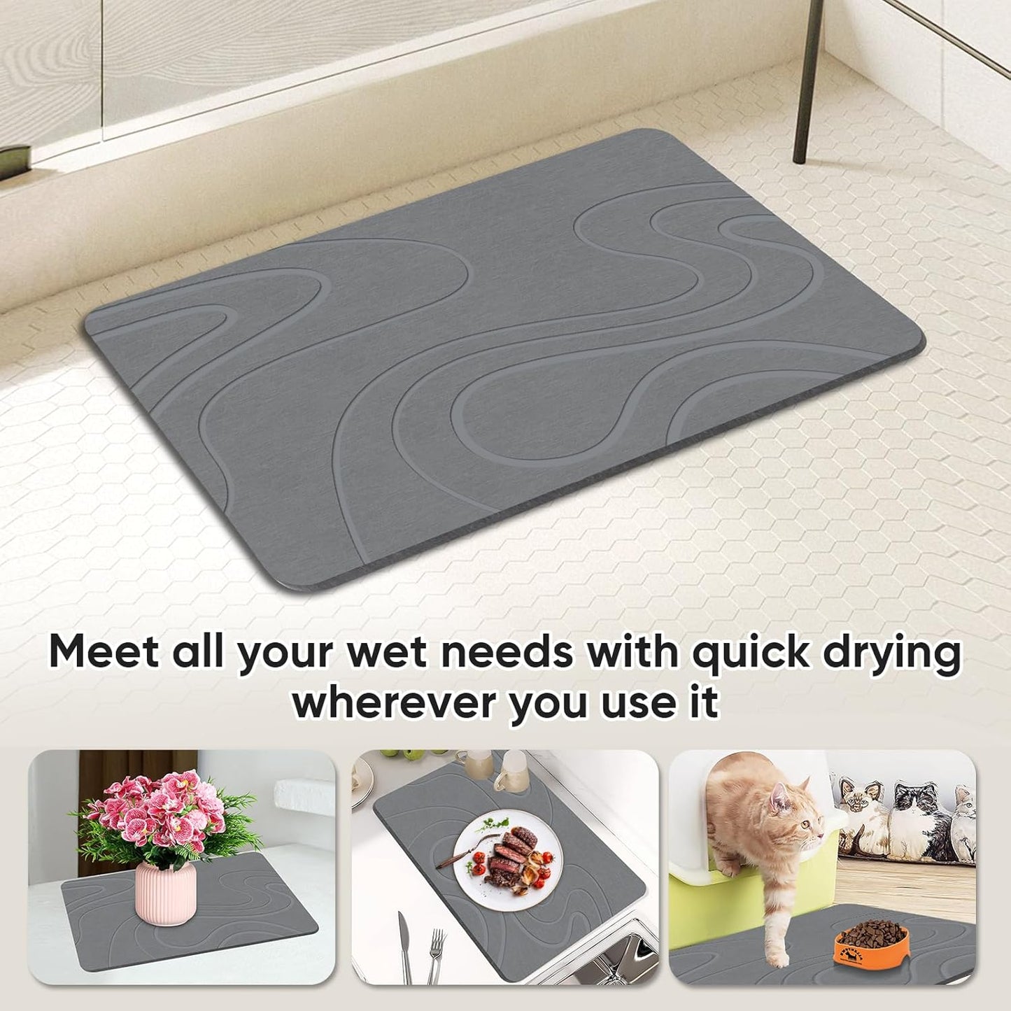 Stone Bath Mat Diatomite Stone Mats for Bathroom Non-Slip Diatomaceous Earth Shower Mat Super Absorbent Bathroom Floor Mat Natural Easy to Clean(24 * 16 Grey)