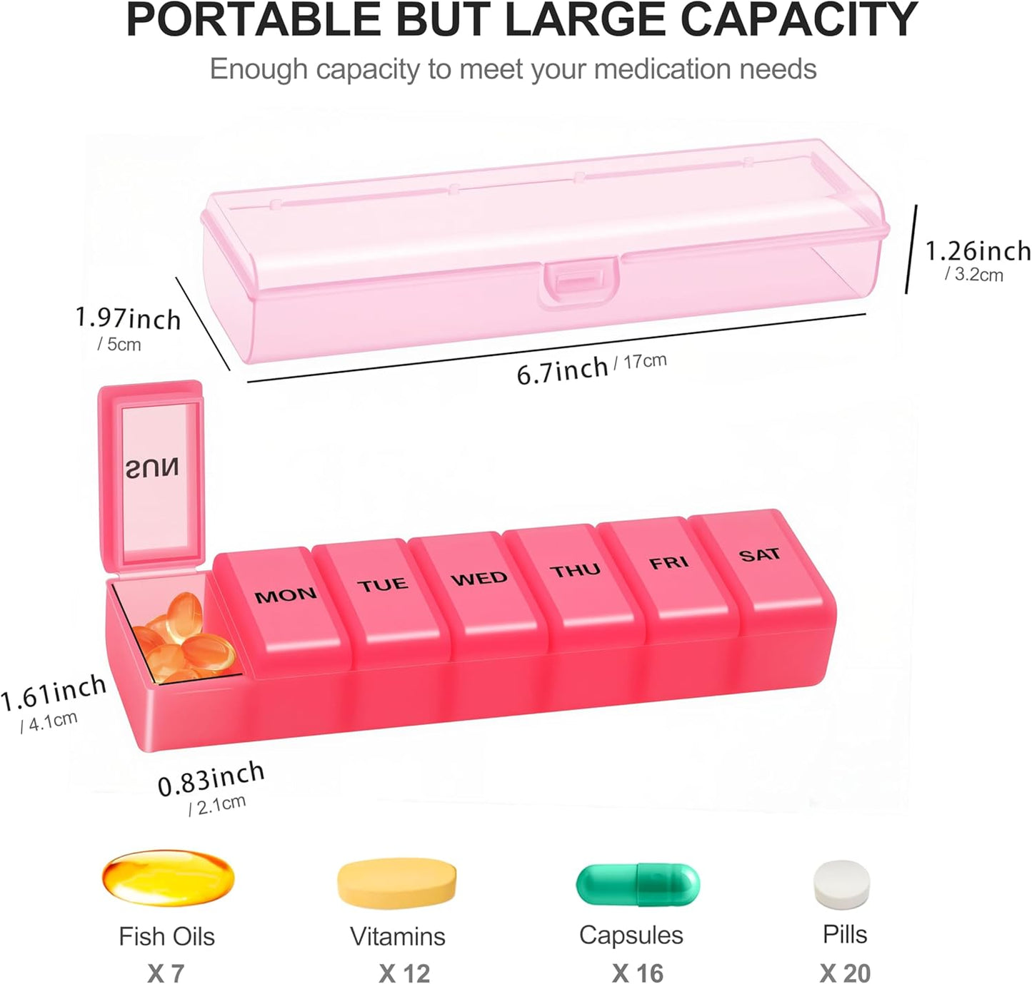 Silicone Weekly Pill Organizer 7 Day, Arthritis-Friendly Medicine Box Daily Pill Box, Large Medicine Case with Shell, Compact Travel Pill Container for Pill, Vitamin, & Fish Oil (Pink)