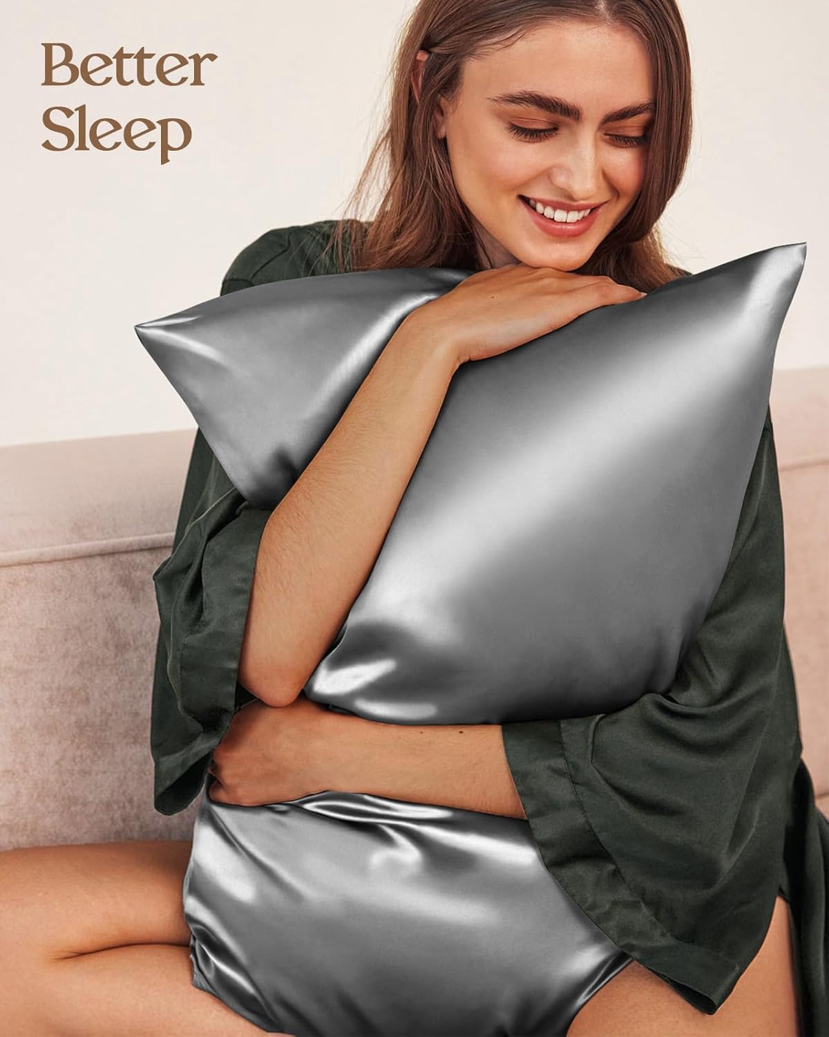 Silk Pillowcase 2 Pack - Pillow Cases King Set of 2 Size 20" x 36" for Hair and Skin Smooth Soft Breathable with Hidden Zipper Cooling Pillow Covers forWomen, Light Grey