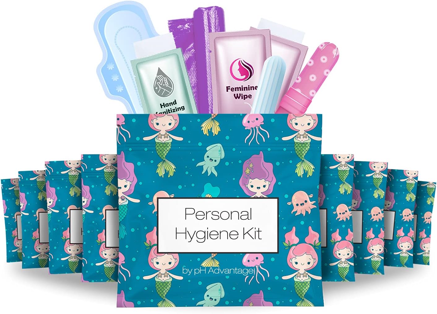 Menstrual Kit All-in-One 10 Pack | Convenience on The Go | Period Kit Pack for Travelling, Tweens & Teenager | Individually Wrapped Feminine Hygiene Product (Under The Sea)