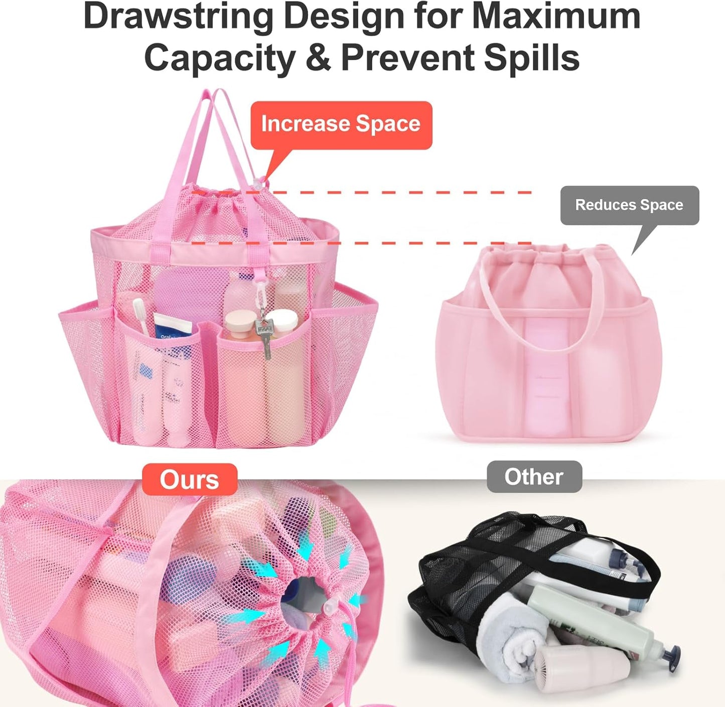 F-color Mesh Shower Caddy Portable with Drawstring - Upgrade Deeper 7 Pockets Dorm Room Essentials for Guys Girls with S Hook, Shower Bag Basket Tote for College Camping Bathroom, 2 Pack Pink