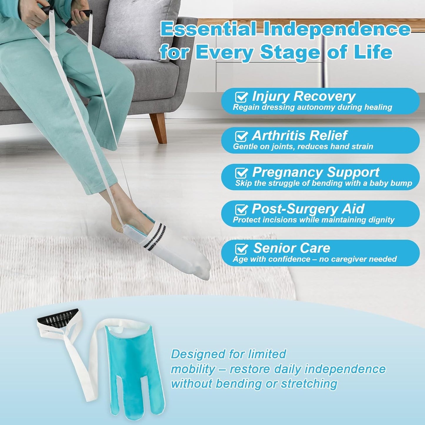 Sock Aid with Anti-Slip Handle - Sock Aid Device for Seniors, Sock Aids for Putting on and Off, Sock Helper Aide Tool for Disabled, Pregnant, Sock Slider, Sock Assistant Device No Bending