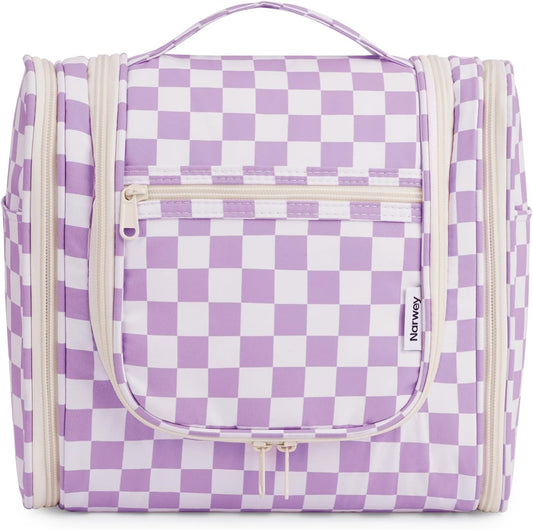 Narwey Checked Hanging Travel Toiletry Bag for Women, Travel Bag for Toiletries, Makeup Bag Organizer Cosmetic Bags Make Up Bags for Women (Purple Checkerboard)