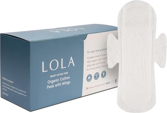 LOLA Organic Cotton Pads, 36 Count - Ultra Thin Pad with Wings, Cotton Organic Pads for Women, HSA FSA Approved Products Feminine Care, Heavy