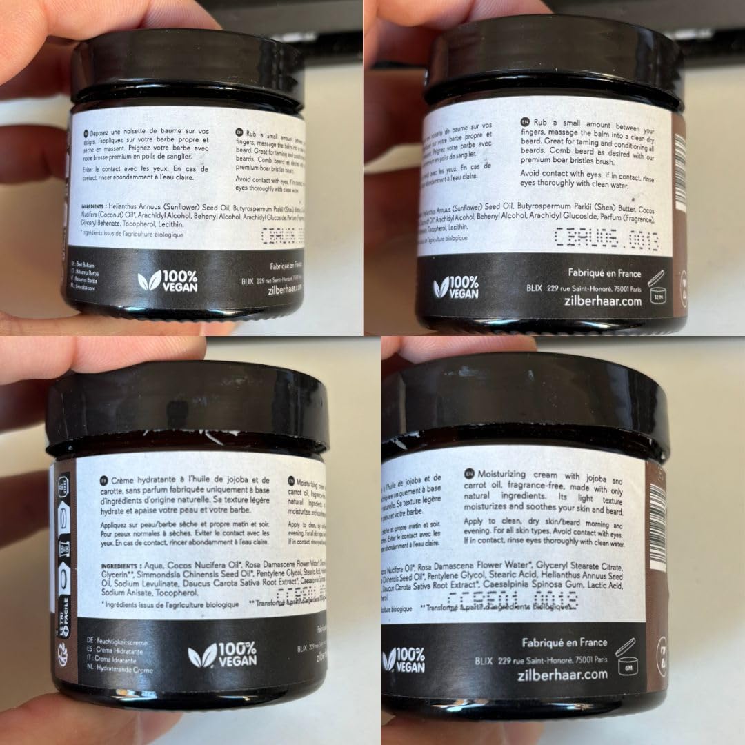 ZilberHaar - Beard Care Kit for Men - 1 Regular Beard Brush + 1 Beard Balm + 1 Moisturizing Cream - Stiff Boar Bristles and Beech Wood - Short to Medium Length Beards - Supplied in a Velvet Bag