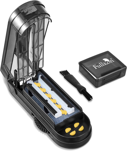 Fullicon Pill Cutter, Adjustable Cutter with precision alignment, Stainless Steel Blade & Guard, Splitter with Free Brush & Pill Box (Black)