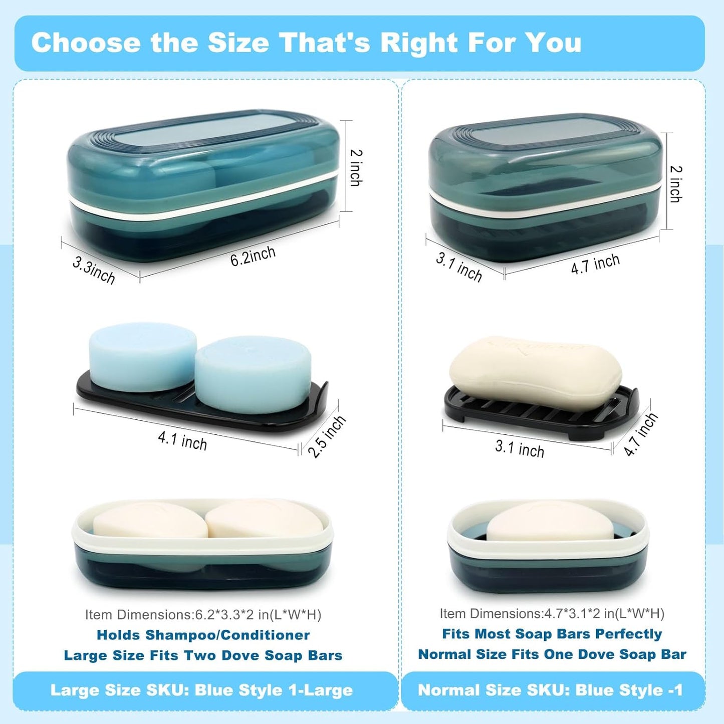 Solid Shampoo Bar Holder, Large Bar Soap Holder, Travel Soap Container, Soap Box with Draining Layer, Soap Case for Bathroom, Traveling, Gym, Camping (Blue Style-1-Large)