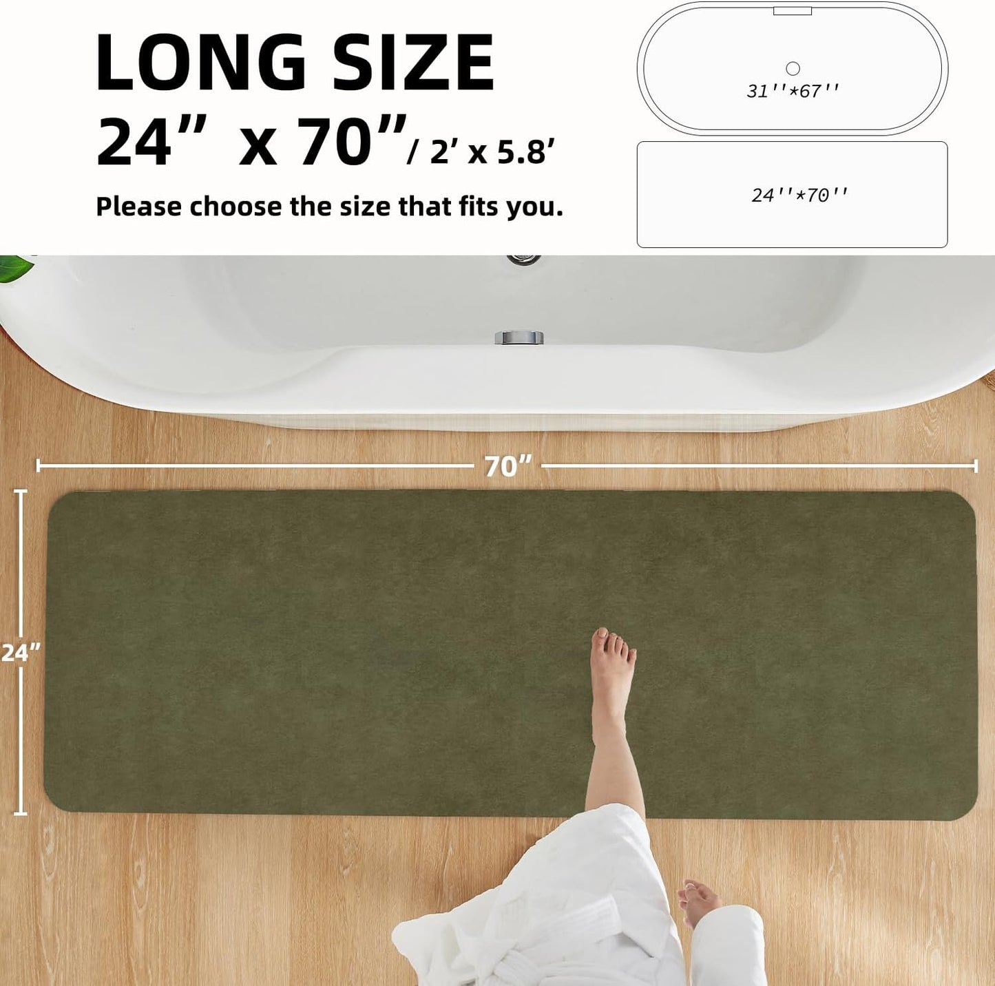 Bathroom Mat Quick Dry, Bathroom Rugs Non Slip Washable Thin Absorbent Bath Mat Fits Under Door Bathroom Floor Mat Perfect for Bath, Shower, or Sink 24"x70" Sage Green