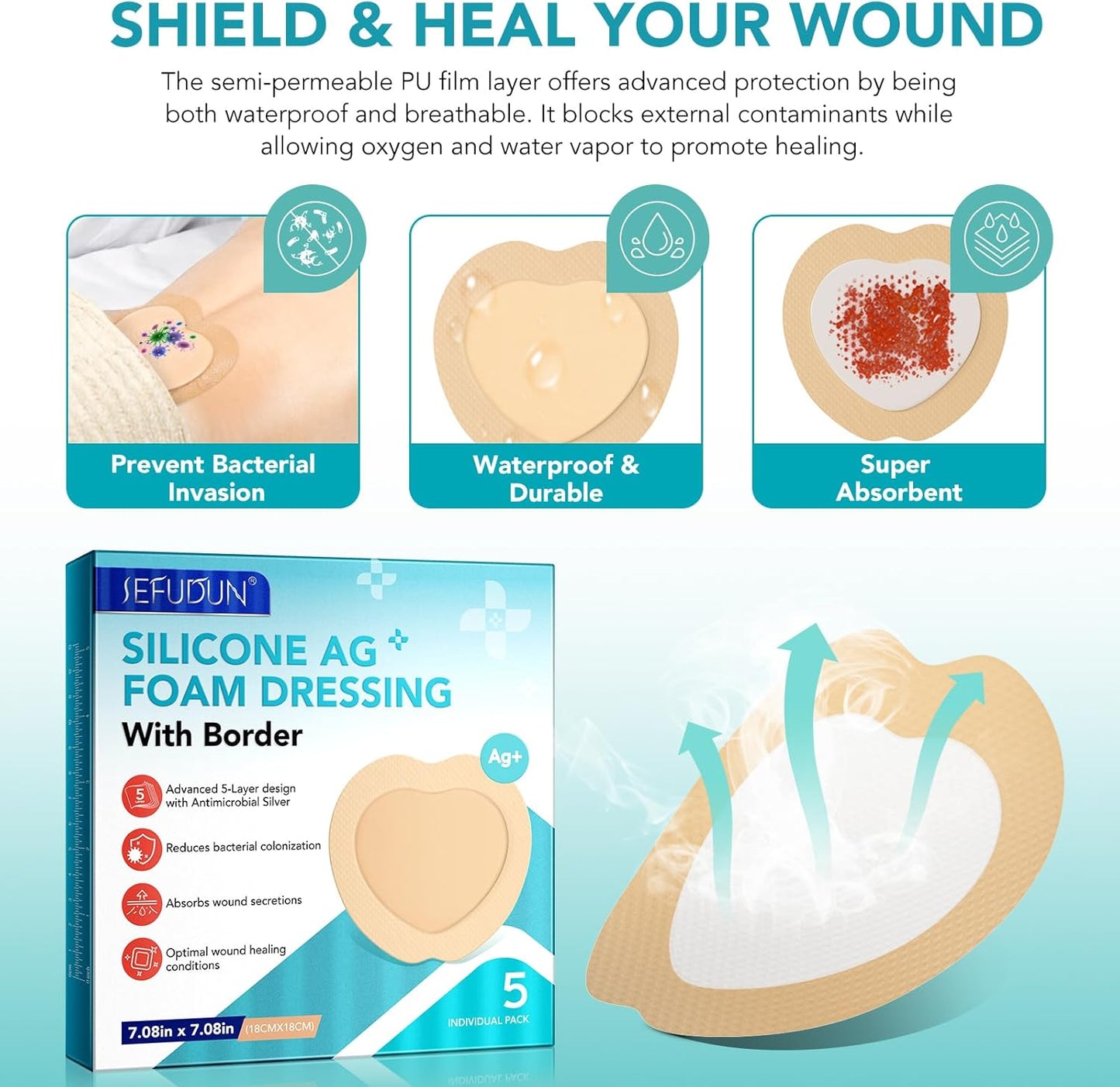 Silicone Foam Dressing Ag Sterile Wound Bandage with Waterproof Gentle Silicone Adhesive Border (5 Packs), 7"x 7" Breathable Ultra Absorbent Pads (7.08x7.08 Inch (Pack of 5))