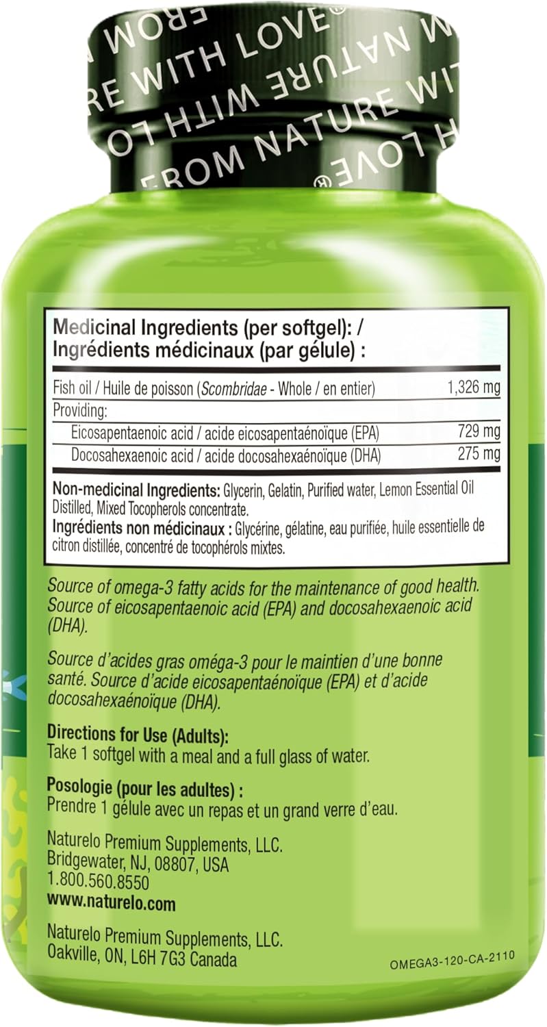 NATURELO Burpless Omega 3 Fish Oil Supplement - 1100mg Triglyceride Omega-3, EPA + DHA, Liquid Fish Oil for Heart, Eye, Brain, Joint Health - 120 Softgels, 4 Months Supply