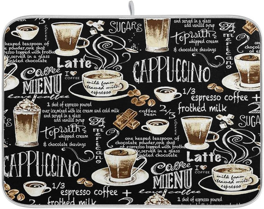 Coffee Black Dish Drying Mat for Kitchen Coffee Beans Maker Cappuccino Latte Chocolate Microfiber Drying Mats Absorbent Reversible Dish Pad Medium Dish Draining Mat 16x18 inch