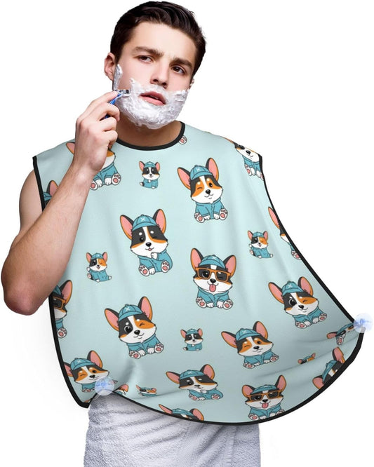 Professional Beard Bib, Non-Stick Hair Catcher Apron Waterproof, Shaving Grooming Essential for Men Dad, Cute Corgi Tricolor Dog Shave Bib
