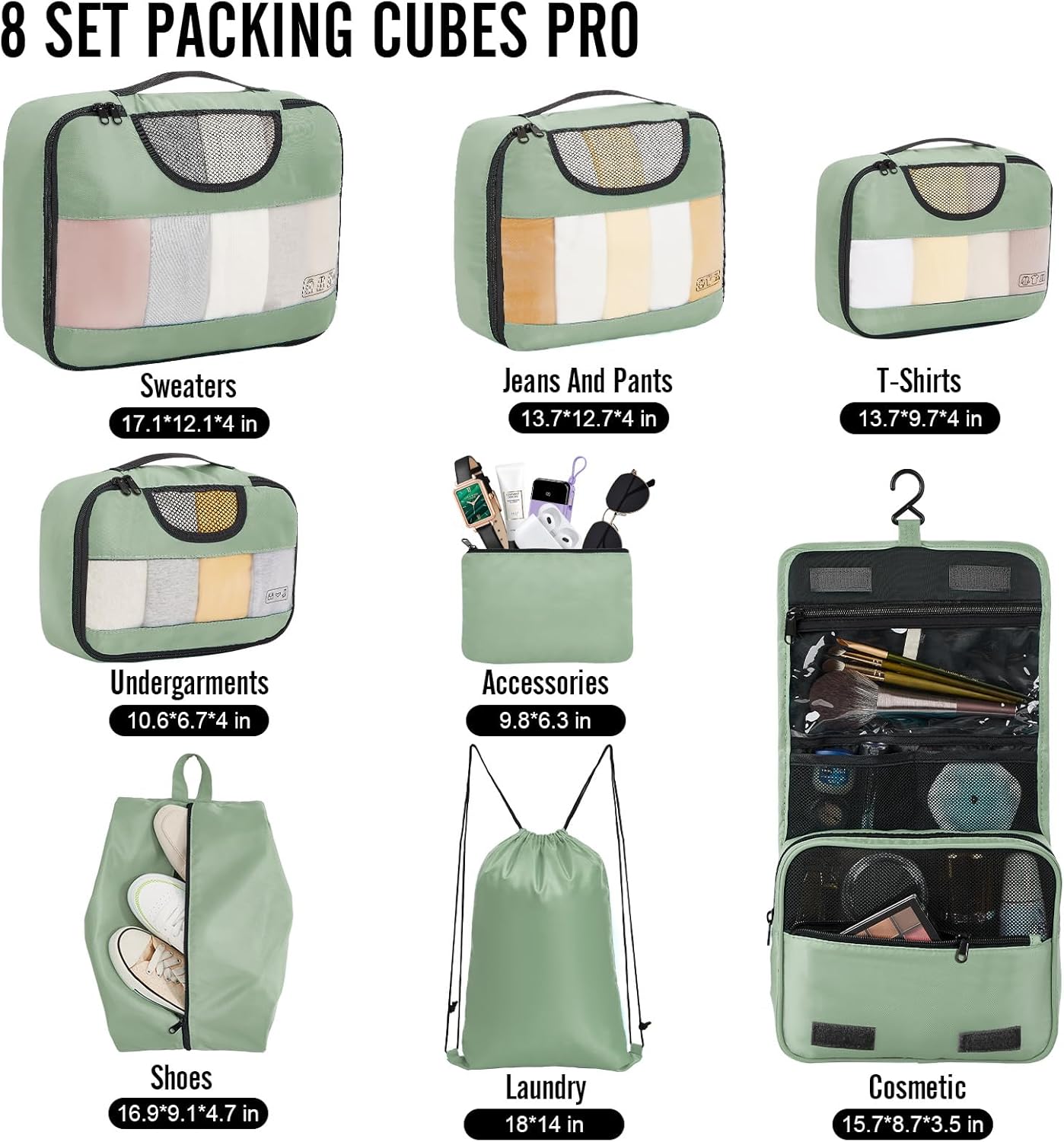 Veken 8 Set Packing Cubes for Travel Essentials, Suitcase Organizer Bags in 4 Sizes, Carry-On Luggage Accessories with Large Laundry & Hanging Toiletry Bag, Must-Have for Airplane, Road Trip & Camping