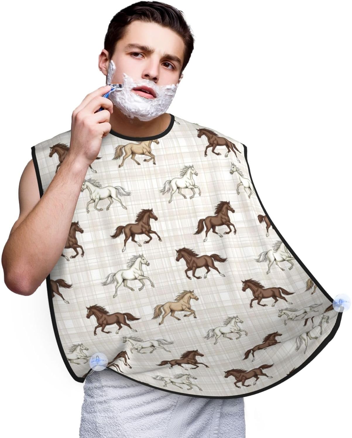 Stretchable Beard Cape, Non-Stick Hair Catcher for Trimming, Waterproof Grooming Apron, Running Beautiful Horses Checkered Pink Plaid