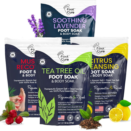 FOOT CURE Premium Epsom Salt Foot Soak - Tea Tree Oil Foot Soak for Athletes - Relaxing Foot Bath with Fungal Support - Foot Soaking Salts & Oils - Soothing for Tired Feet & Calluses (Pack of 4)
