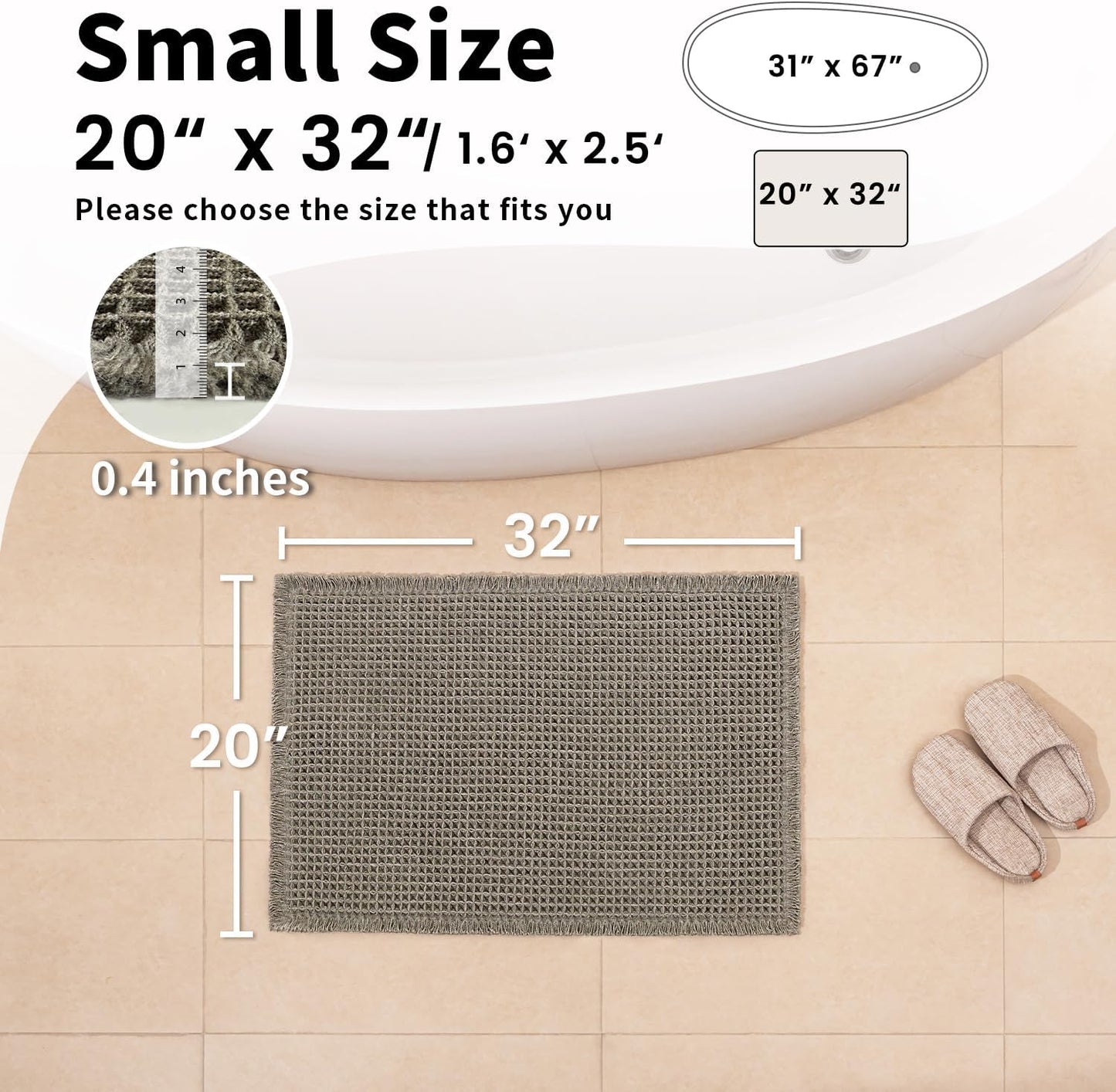 Waffle Bath Mat - Boho Bathroom Rugs Non Slip Washable, Super Absorbent & Quick Dry, Soft Bath Mat Farmhouse Bathroom Decor, 20'' x 32'', Olive Green