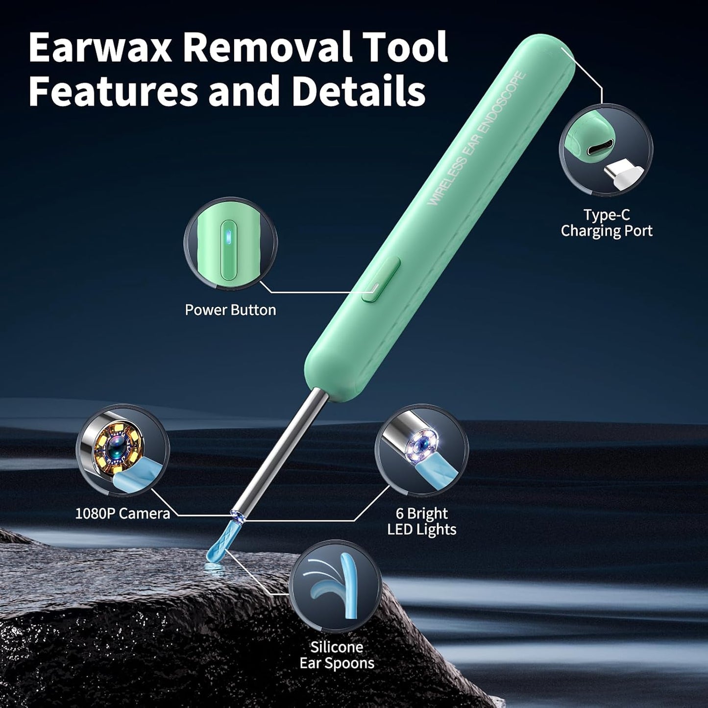 Ear Wax Removal, Ear Cleaner with Camera and Light, Ear Wax Removal Kit with 8 Pcs Set, Ear Wax Removal Tool Camera with 1080P, Ear Cleaning Kit with 6 Spoons, Ear Camera for iOS & Android (Green)