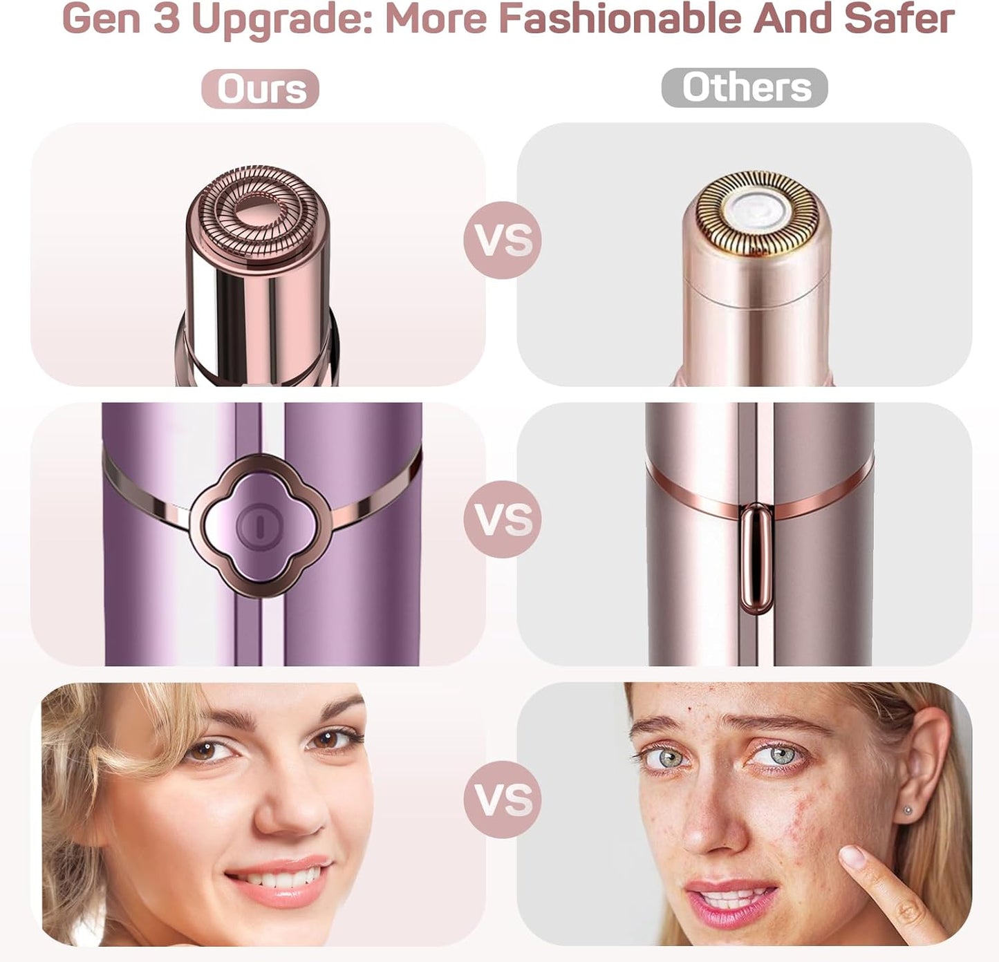 Facial Hair Removal for Women, Ladies Face Shaver(USB Rechargeable) for Chin Lip Neck Armpits and Peach Fuzz, Included 2 pc Replacement Heads