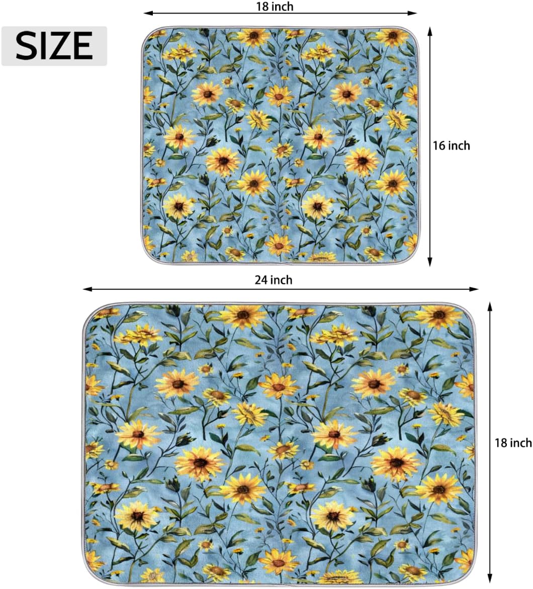 Hexteria Sunflower Dish Drying Mats for Kitchen Counter, Quick Dry Dish Mat 16 x 18 Inches, Dishes Draining Mats Foldable Dish Rack Pad, Sunflower