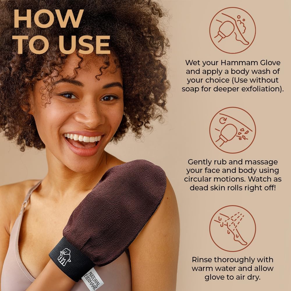 Natural Elephant Exfoliating Hammam Glove | Authentic Moroccan Kessa Body Scrub Mitt for Spa-Quality Skin Renewal | Pure Black Single