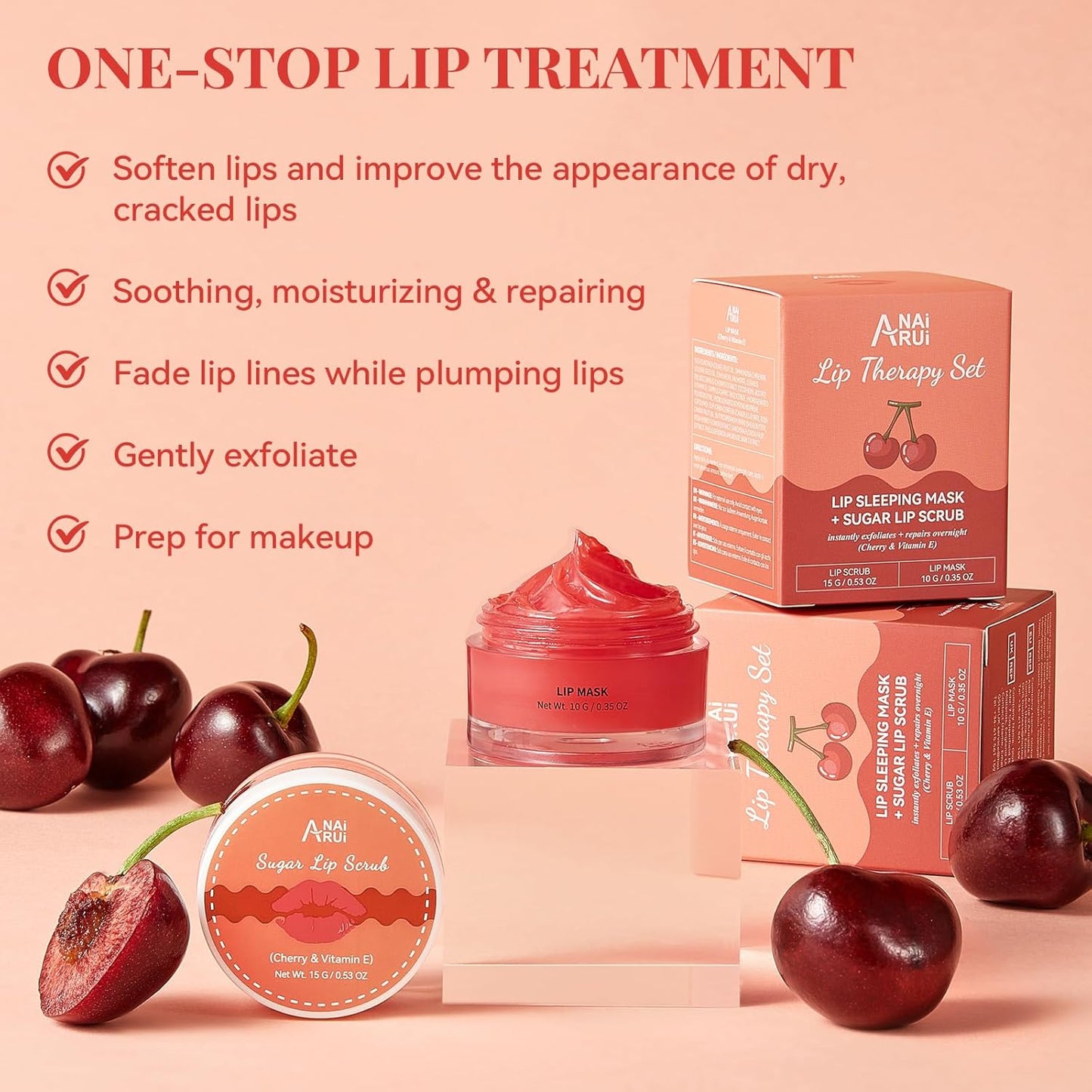 ANAI RUI Cherry Lip Scrub & Lip Mask Set, Vitamin E, Hyaluronic Acid & Shea Butter, Lip Scrubber Exfoliator,Hydrating Lip Mask Overnight, Sugar Scrub for Dry Chapped Lips, Stocking Stuffers for Women