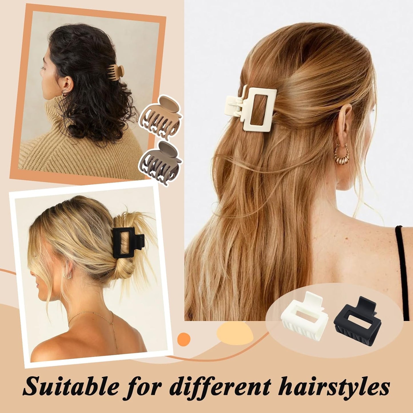 DEEKA 8 Pack Medium Small Hair Clips Set 2"" Rectangle and 1.6"" Double Row Teeth Hair Claw Clips for Thin Short Hair Matte Hair Clips Hair Accessories for Women Girls, Beige, Brown, Khaki, Black