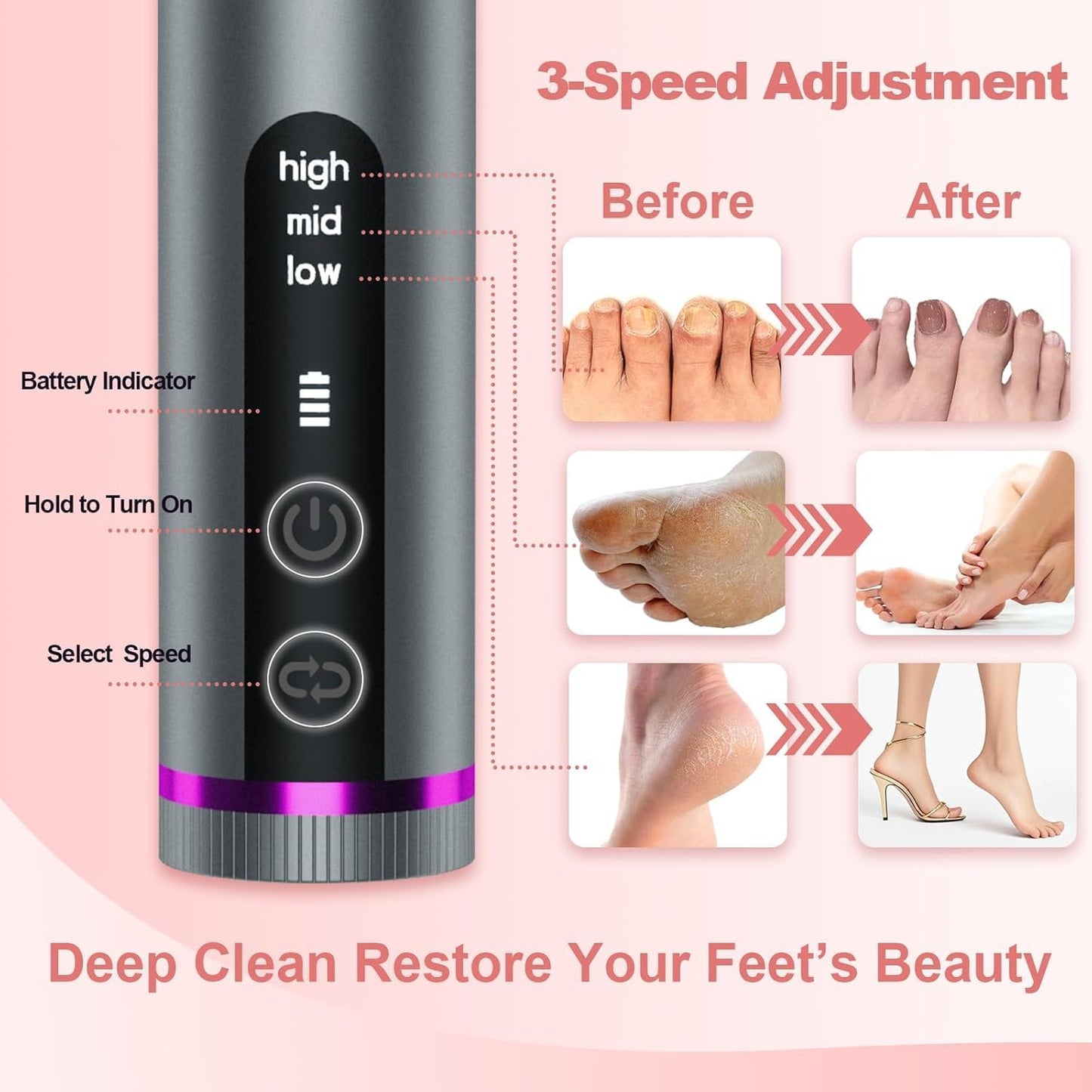 Electric Callus Remover for Feet, 3 Speeds Electric Foot Callus Remover with Powerful Brushless Motor, 2600mAh Runs for 7Hours, Washable Nano Glass Head, 60 Pcs Sandpaper Discs, Gift for Women & Men