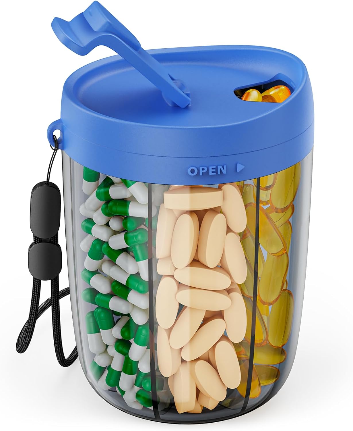 PULIV Large Supplement Organizer Bottle, Holds Plenty of 6 Various Vitamins in 1 Pill Dispenser with Anti-Mixing & Wide Openings Design, Easy to Retrieve Meds, Includes 20 Pcs Labels Royal Blue