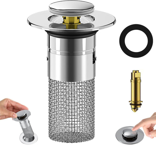 Bathroom Sink Stopper Hair Catcher, Pop-up Sink Drain Strainer with Removable Stainless Steel Strainer Basket Hair Catcher, Bathroom Sinks Strainer for Bathrooms Sink Stopper Replacement (1 PCS)