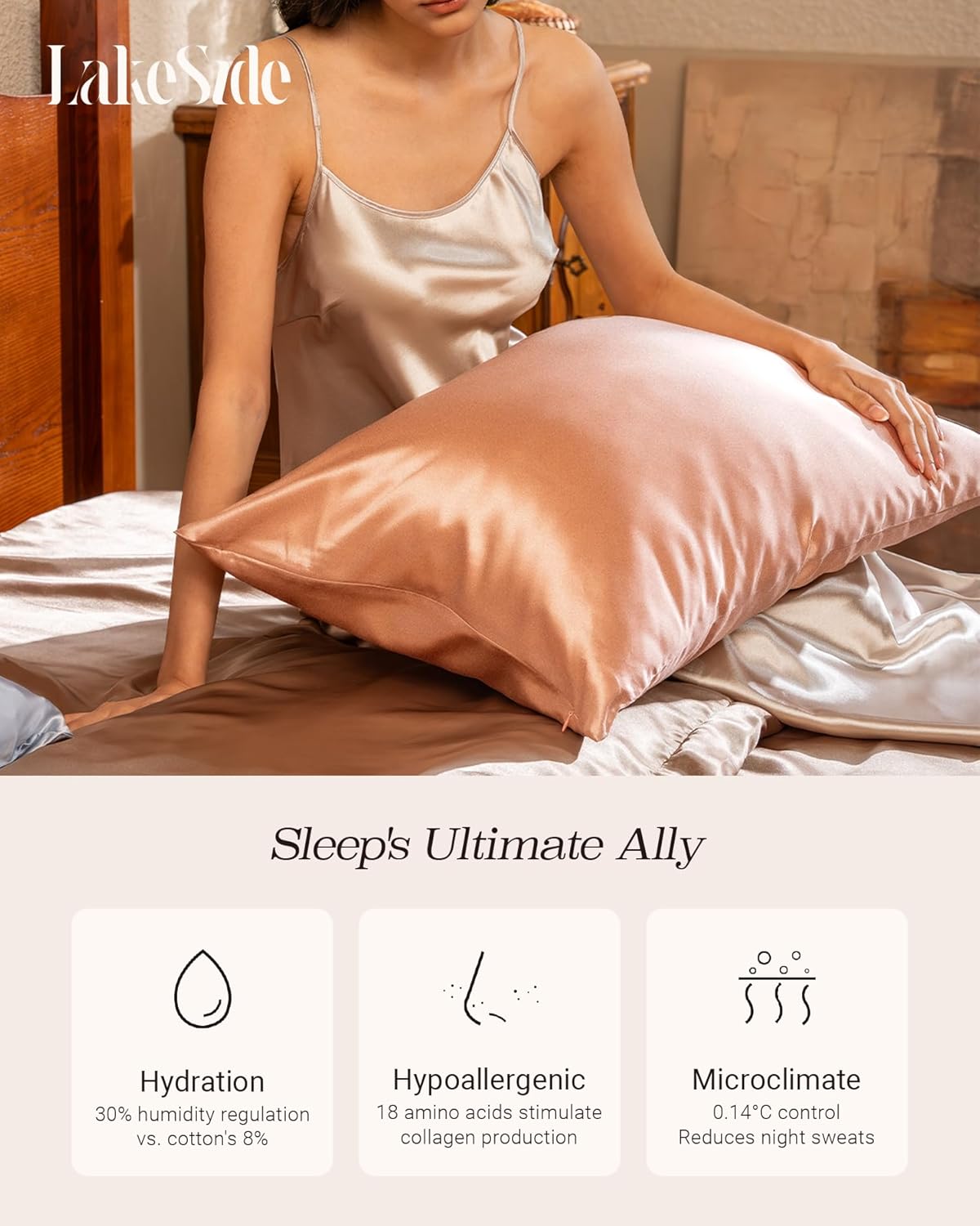 Oriental Lakeside® 100% Pure 22 Momme Mulberry Silk Pillowcase with Hidden Zipper - Nighttime Skincare & Hair Care Hydrating Pillow Cover