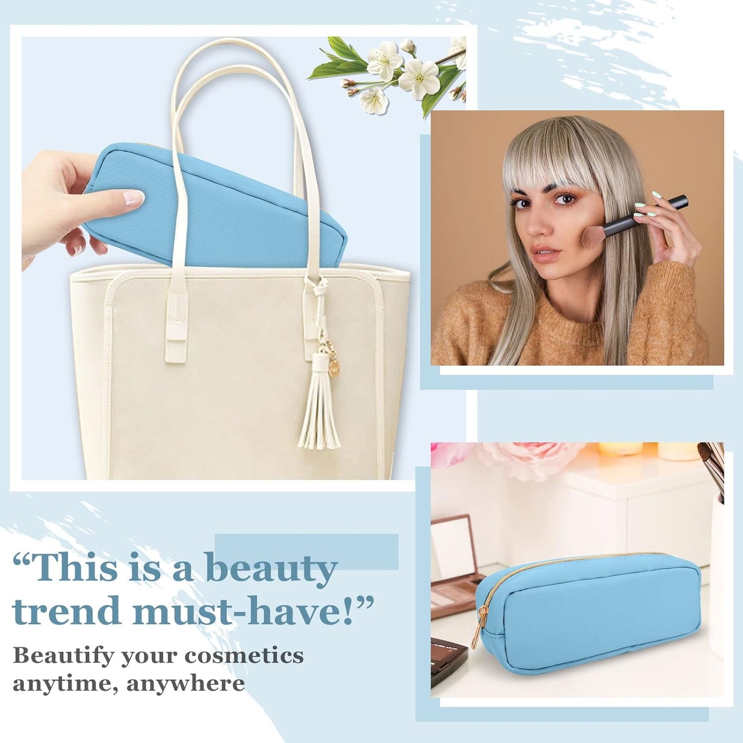 Izuzta Nylon Small Makeup Bag Slim Pouch, Preppy Cute Brush Case, Cosmetic Zipper for Purse, Waterproof Travel Toiletry Clutch Coin Organizer for Women Girls (Blue)