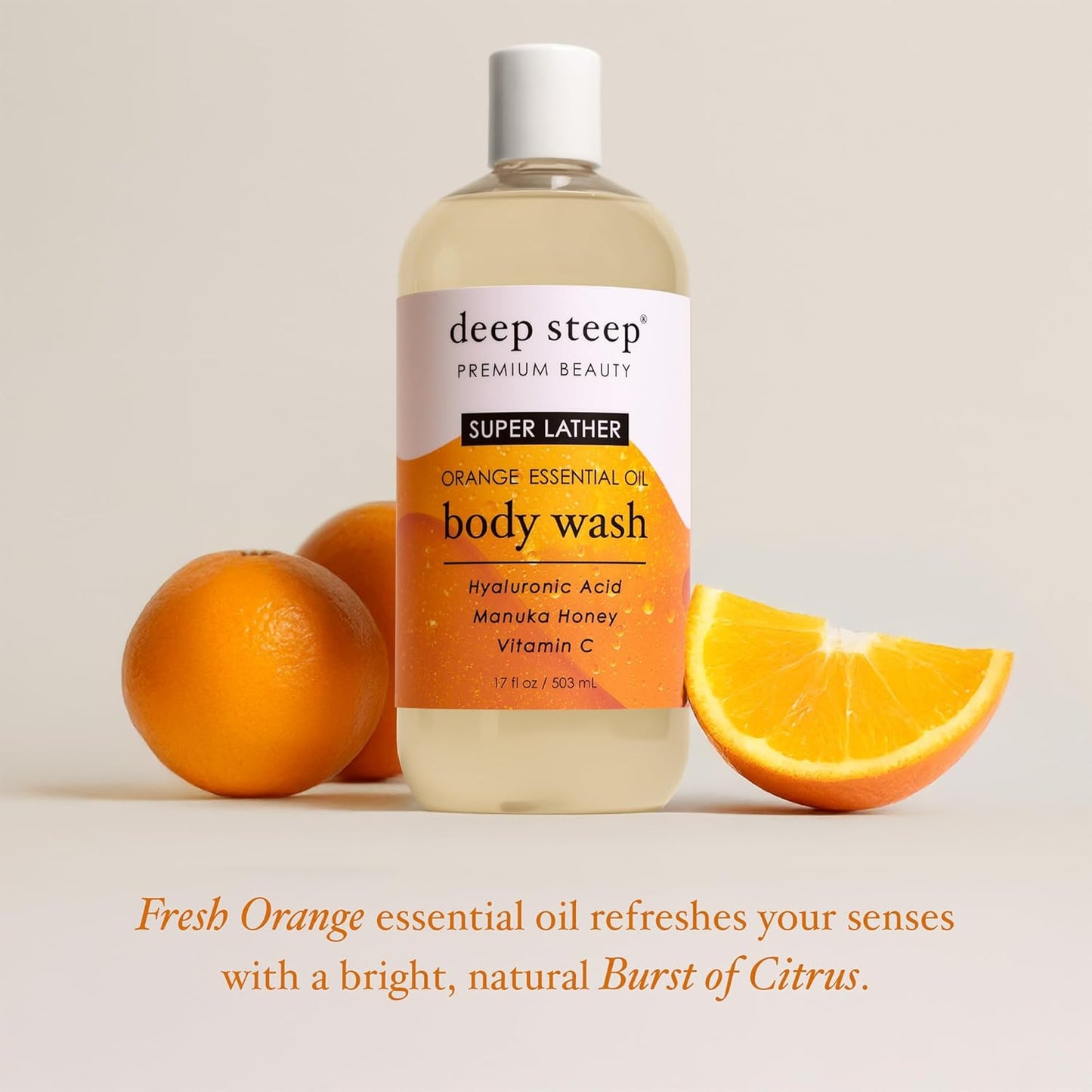 Deep Steep Super Lather Body Wash, Orange, 17 oz – Hydrating Shower Gel with Hyaluronic Acid, Manuka Honey, & Orange Essential Oil – Vegan, Clean Beauty, Clean & Refreshed Skin